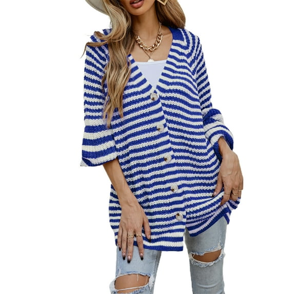 Sedceaty Girls Long Sleeve Knitwear, Autumn Ladies Leisure Style Double Color Stripes Single-breasted Knitted Coat V-neck Loose Cardigan