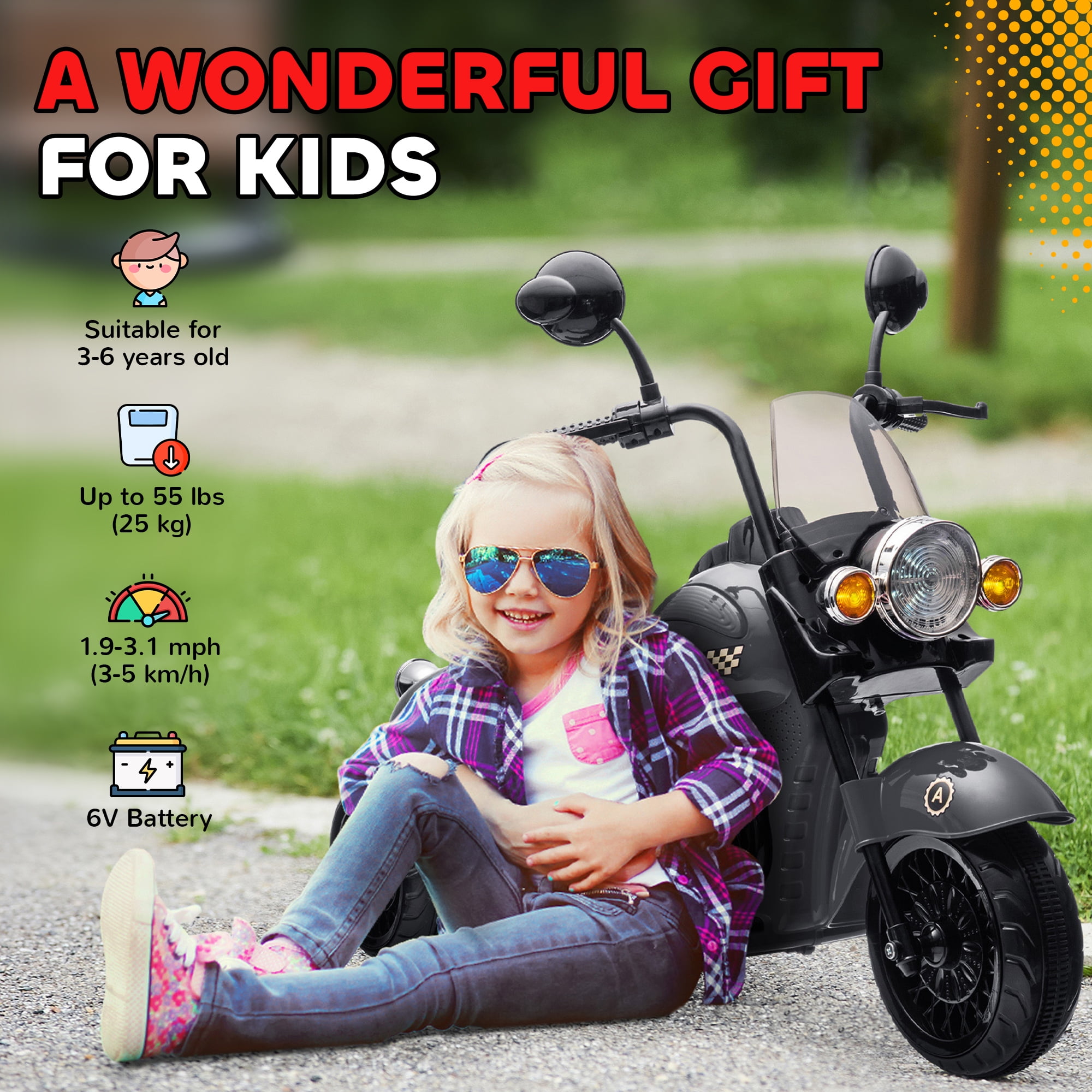 Qaba Electric Motorcycle for Kids, 3 Wheel 6V Battery Powered Motorbike w/ Headlights, Music, Forward & Reverse, Gray