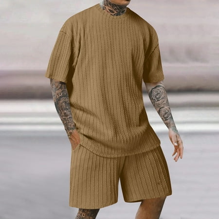 UVEASISHA Short Sleeve Tshirt and Short Set for Men Knit Cotton 2 Piece Vacation Outfits Breathable Workout Athletic Sets Coffee XL