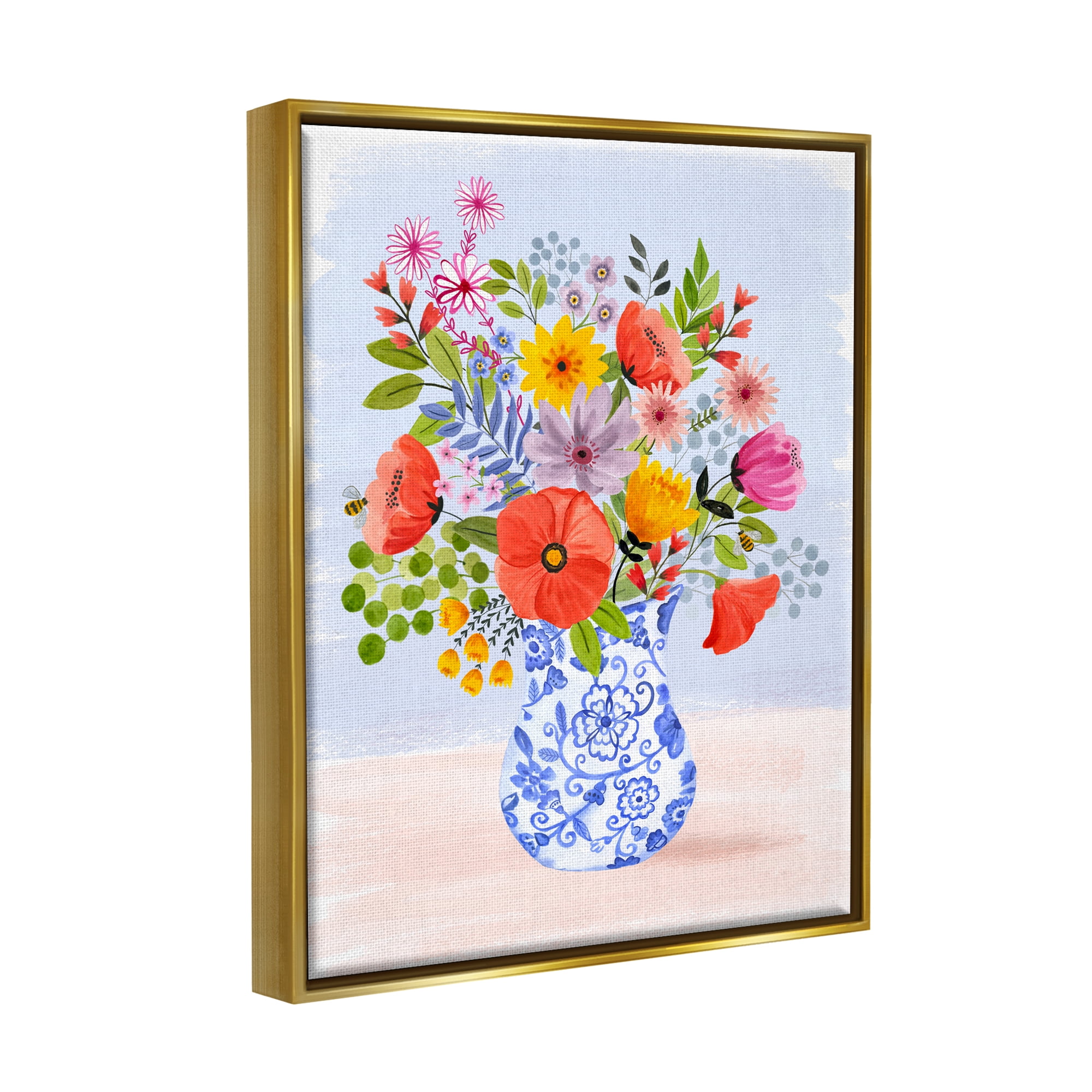 Stupell Industries Bright Flowers in Pottery Botanical & Floral Painting Gold Floater Framed Canvas Art Print Wall Art, 17 x 21