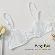 Wingslove Women's Sexy 1/2 Cup Lace Bra Balconette Mesh Underwired Demi Shelf Bra Unlined See Through Bralette,White 38DD