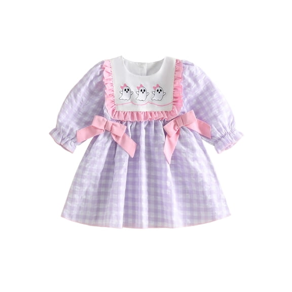 RUINIXCW Little Girls Ghost/Pumpkin Embroidery Dress Halloween Long Sleeve Plaid A-line Dress with Bow Decor