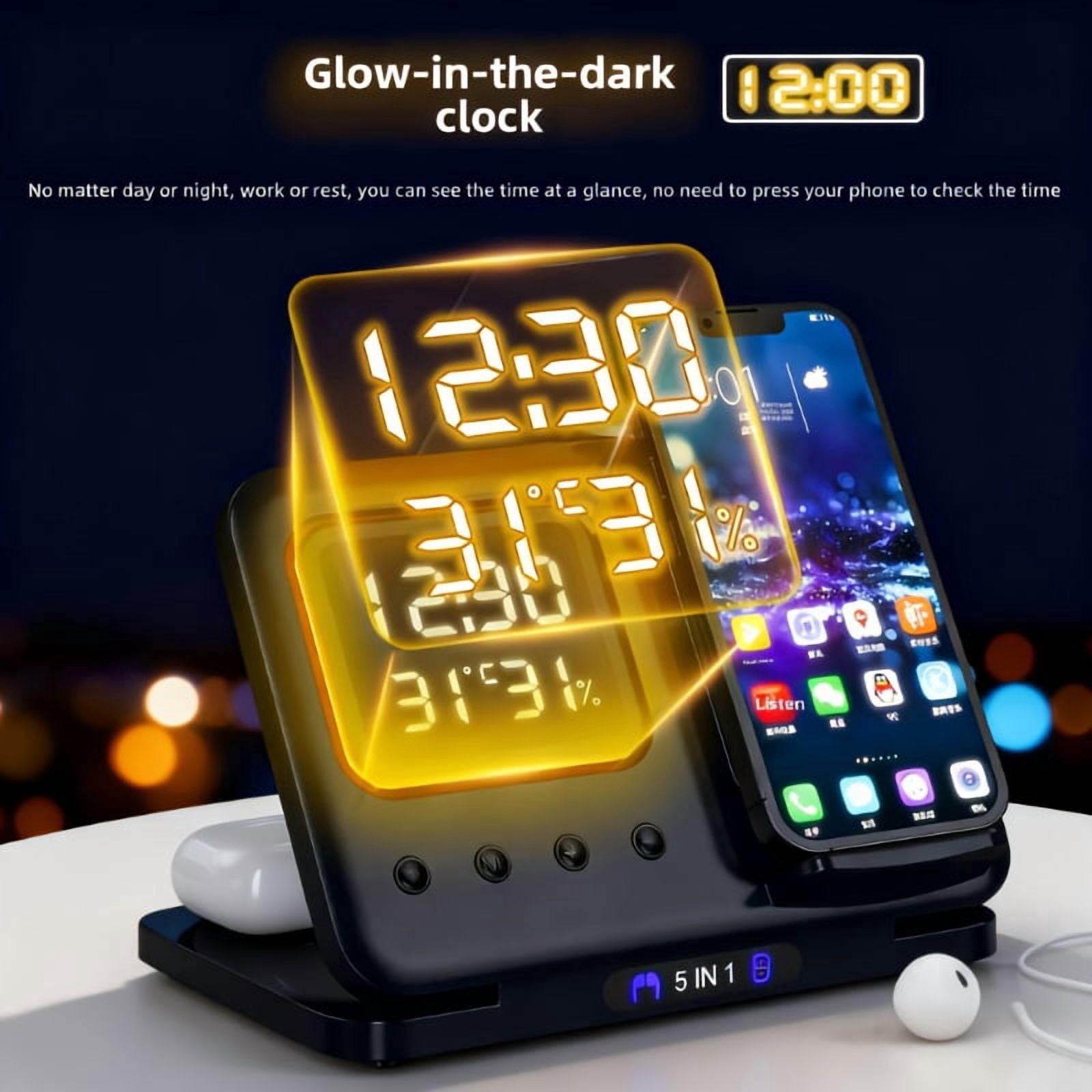 5-In1 Wireless Charging Station Adjustable Night Light, Time And Temperature Display, Ambient Lighting Compatible with Apple Iphones, for Airpods, And Watches Convenient Charging, Smart Experience