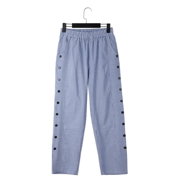 zicth Blue Linen Pants Women's Cotton and Linen Striped Elastic