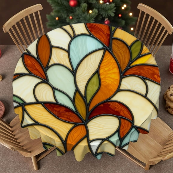 RKSupls 60 Inch Round Tablecloth, Boho Stained Glass Autumn Leaf Polyester Table Cover - Soft, Stain Resistant & Washable Decor for Wedding, Party, Holiday, Home Dining
