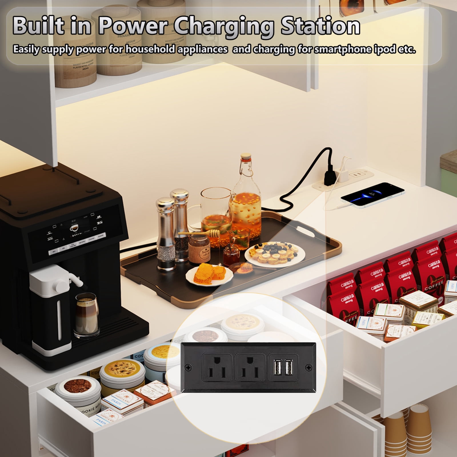 71'' Tall Coffee Bar Cabinet with LED Light & Power Charging Station, 47"W Modern Kitchen Pantry Hutch w/ 8-Door Storage Cabinet & 2 Drawers 4 Adjustable Shelves