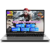 15.6" IPS FHD Gaming Laptop, AMD Ryzen 5 6600H 6 Cores 32GB DDR5 RAM 1TB SSD (Beat i7-1165G7, Up to 4.5GHz) Radeon 660M GPU-Computer with 100W Type-C Backlit Keyboard Fingerprint Win 11 Gray