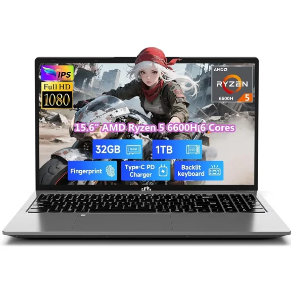 15.6" IPS FHD Gaming Laptop, AMD Ryzen 5 6600H 6 Cores 32GB DDR5 RAM 1TB SSD (Beat i7-1165G7, Up to 4.5GHz) Radeon 660M GPU-Computer with 100W Type-C Backlit Keyboard Fingerprint Win 11 Gray