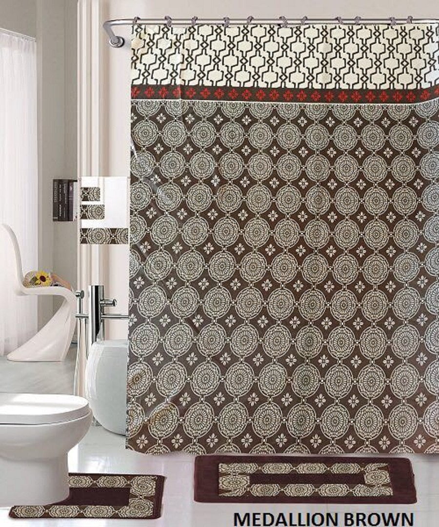 Details about   Central Asian Style Bohemian Shower Curtain Toilet Cover Rug Mat Contour Rug Set 