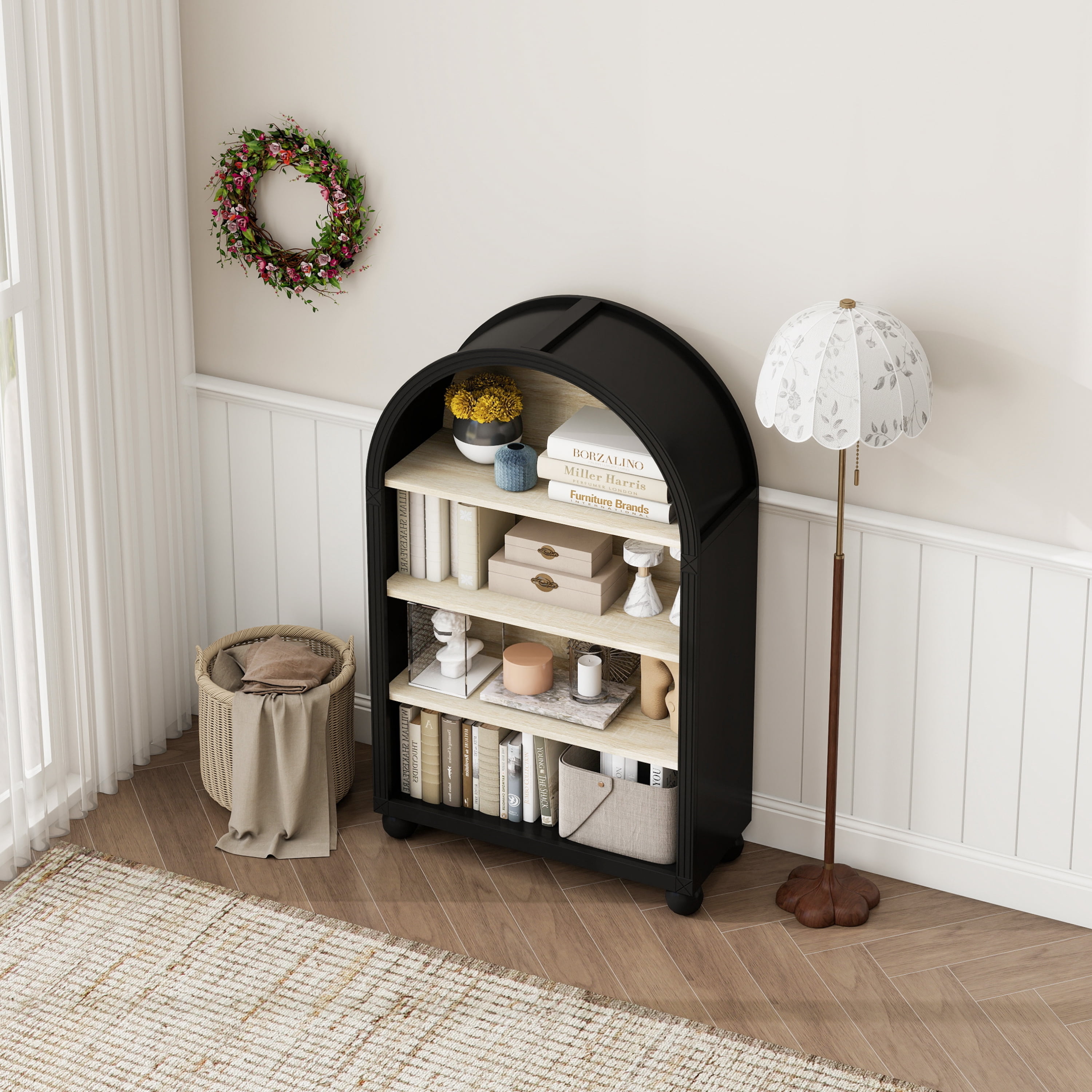 4-Tier Storage Cabinet with Carved Edges, MDF Bookcase with Black Metal Frame & Hand-Painted Finish, Freestanding Display Shelf for Living Room, Study, or Office (70.5X30X116 cm)
