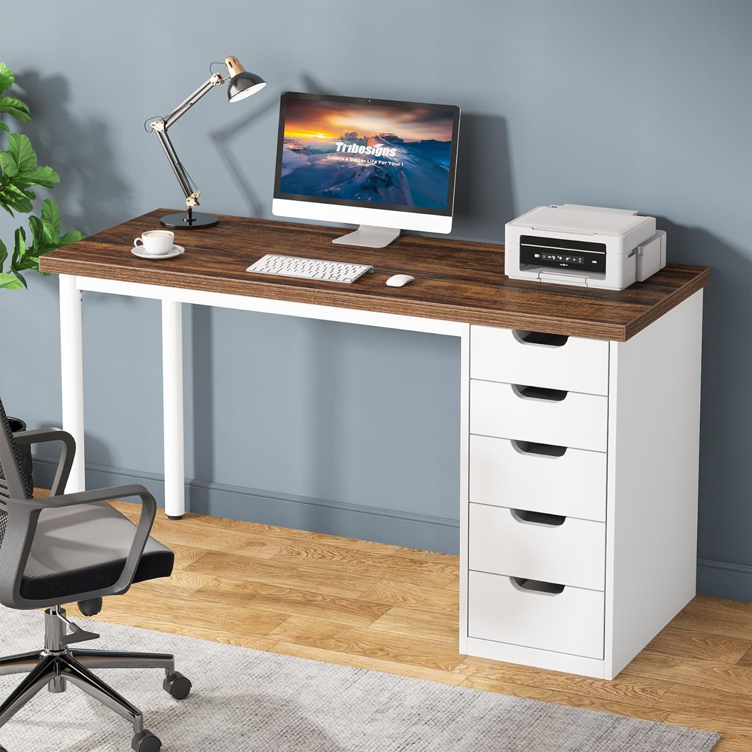 Finmind Computer Desk with 5 Drawers, 47 inches Rustic Brown Home Office Desk with Storage, Modern Study Writing Table Workstation for Small Spaces, Brown & White