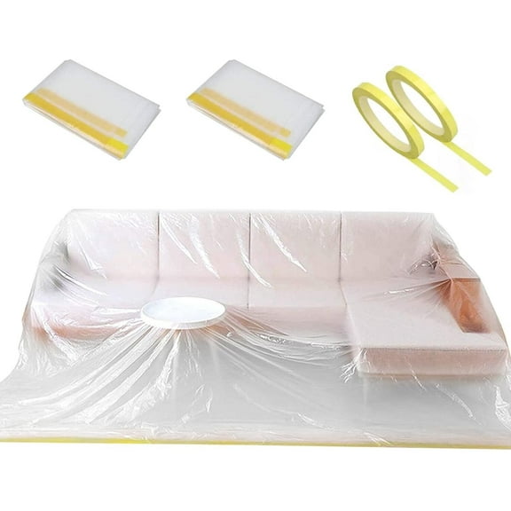2 Pack Plastic Couch Cover & 2 Pack Battery Tape, Furniture Covers, Waterproof Couch Cover, Extra Large Plastic Tarp Couch Covers for Sectional Sofa L Shape, Storage Moving Supplies