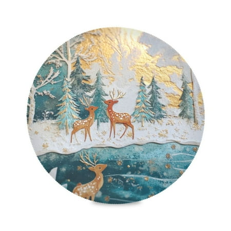 

Round Plate Mat 15.4x15.4 Inchesx4 Placemat Table Mat Kitchen Mat Coffee Mat Fabric Thick Strong Wear-Resistant Heat Resistance Christmas Deer in The Snow