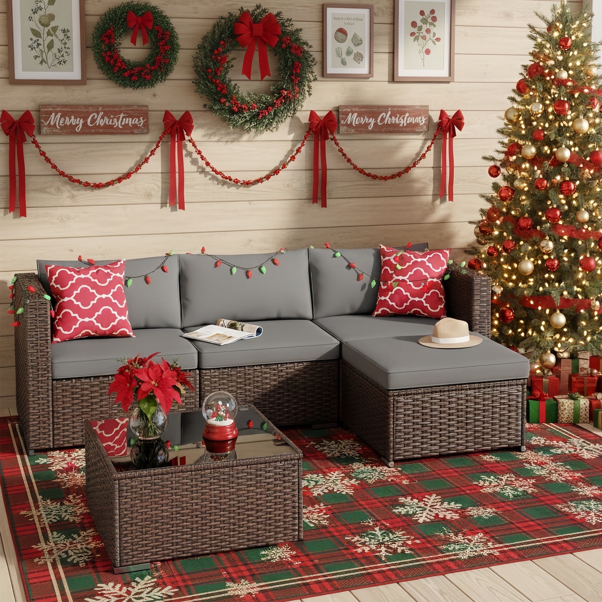 Noelse Patio Furniture Set, 5 Piece Wicker Outdoor Sectional Conversation Set with Coffee Table for Poolside, Backyard, Gray