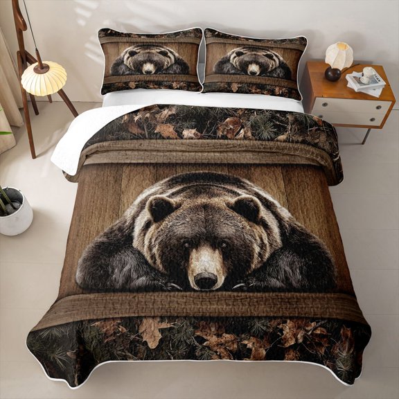 Erosebridal Safari Animal Bear Twin Quilt Set,Leaf Camo Wood Twin Coverlet Set For Boys,2pcs