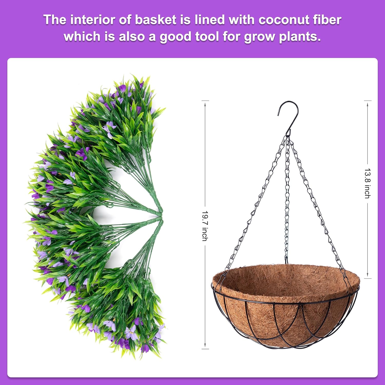 Artificial Hanging Flowers with 12" Basket for Outdoor Decor, Faux Silk Daisy Flower UV Resistant Plants Arrangements Decoration for Indoor Porch Garden Yard(Purple)