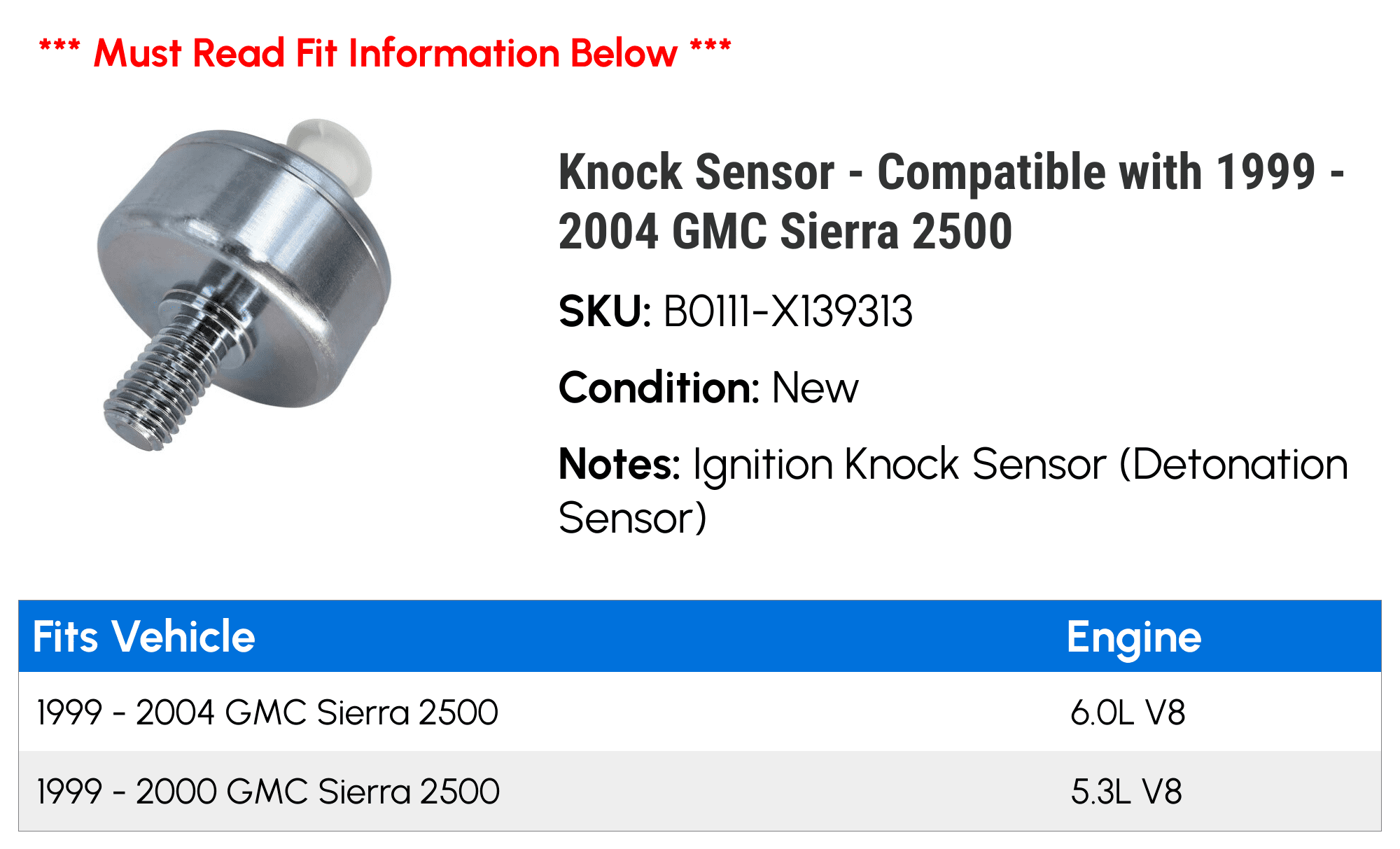 Knock Sensor - Compatible with 1999 - 2004 GMC Sierra 2500 2000 2001 2002 2003