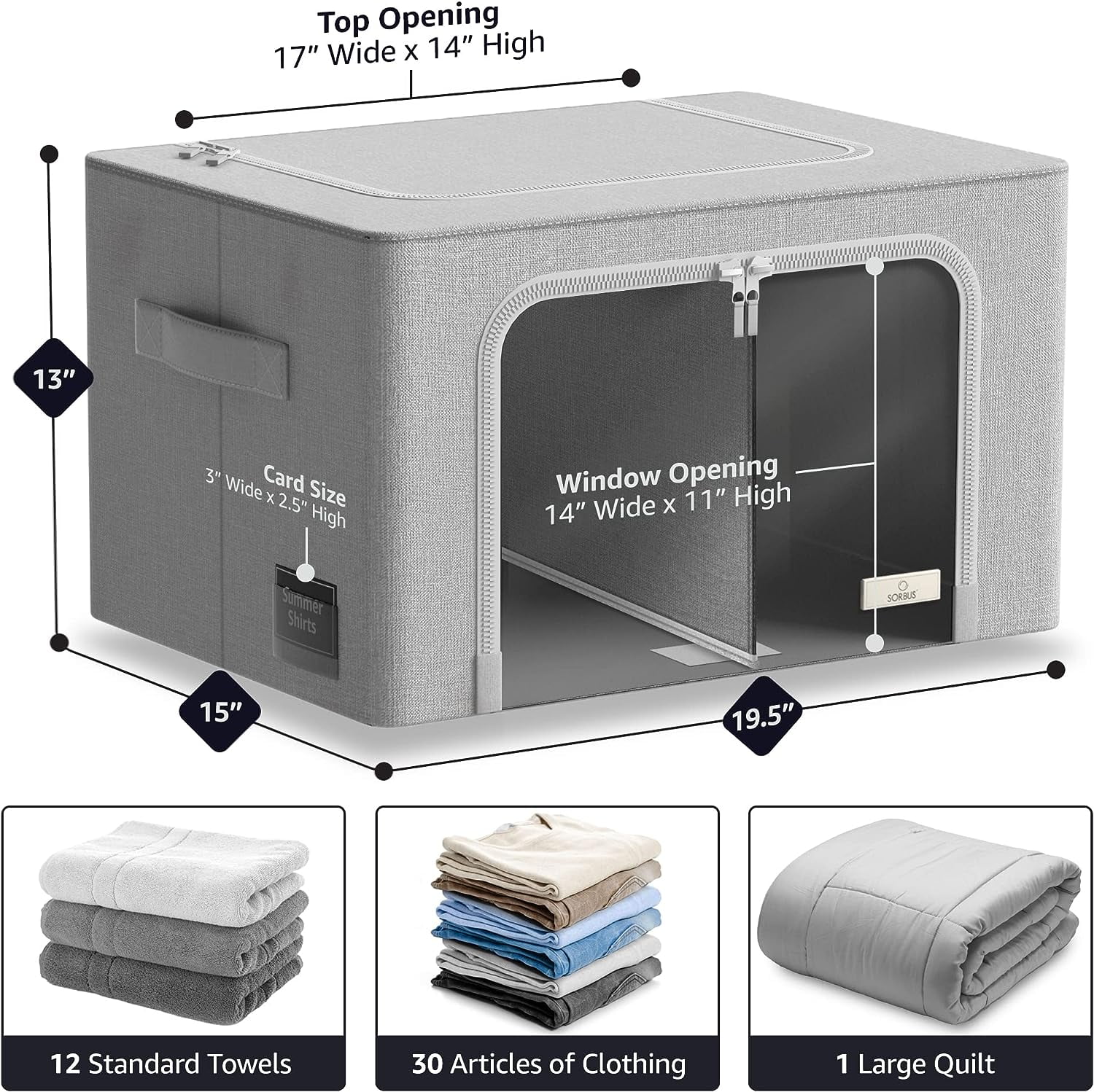 Sorbus Large Storage Bin – Stackable, Foldable Organizer with Window, Handles, Metal Frame, Gray