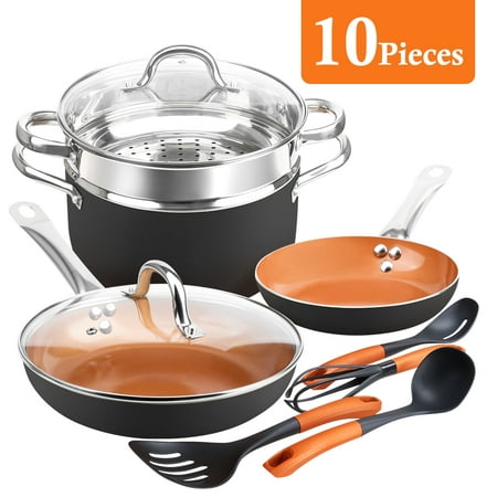 SHINEURI 10 pieces Copper Cookware Set Non-stick Cooking Pots and Pans Set Casserole with Steamer Ceramic Coating Induction Frying