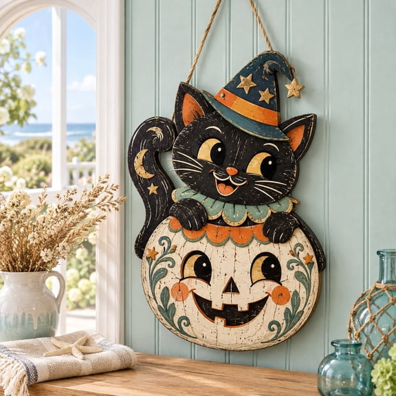 Retro Halloween Wood Sign Vintage Cat and Pumpkin Design Wooden Wall Decor for Home Fall Porch Halloween Decor