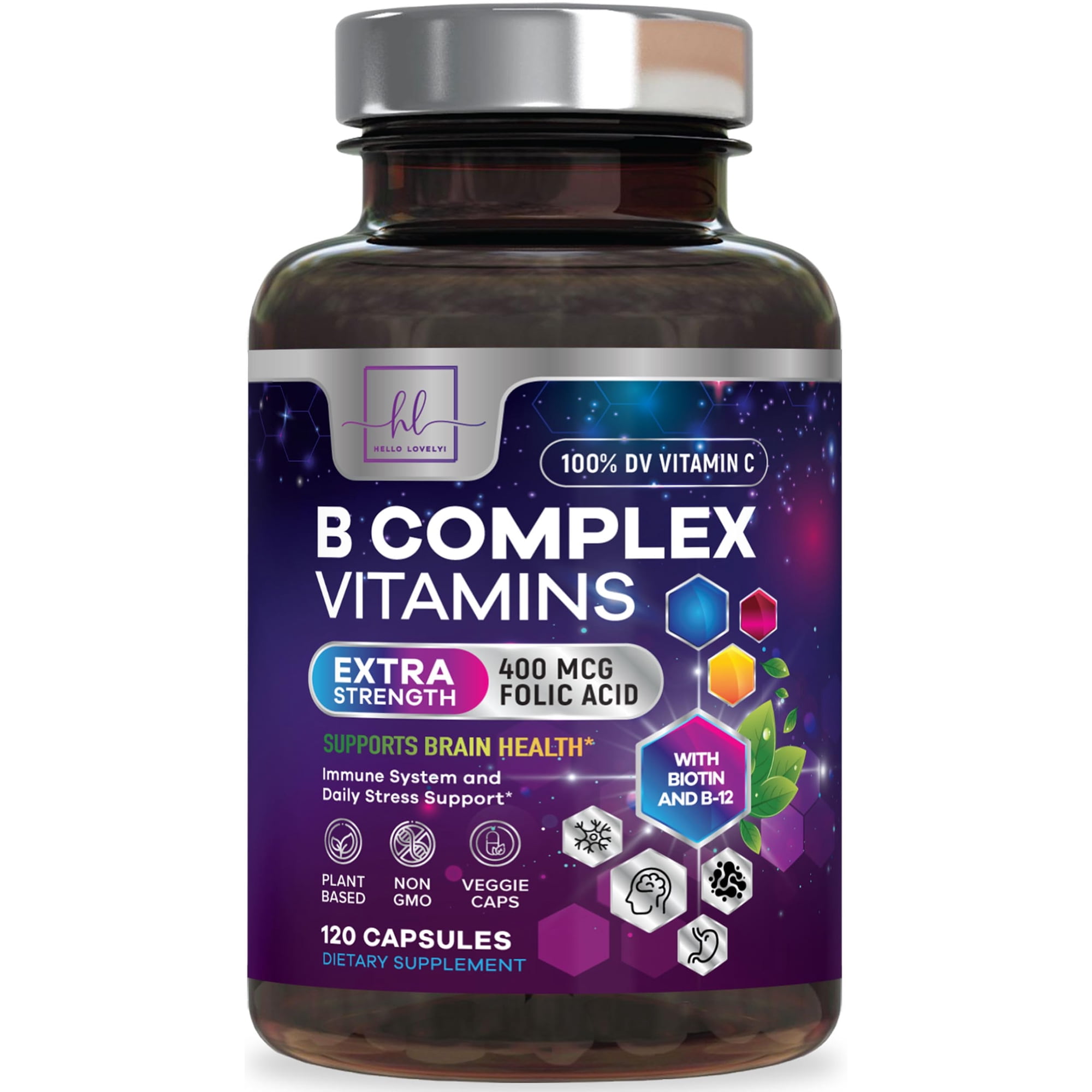 B Complex Vitamin Supplement - 3X Strength with Biotin, Vitamin C & Folic Acid - Super B12 Complex Vitamins for Energy, Supports Hair Growth, Immune Support for Women & Men, USA Bottled, 120 Capsules