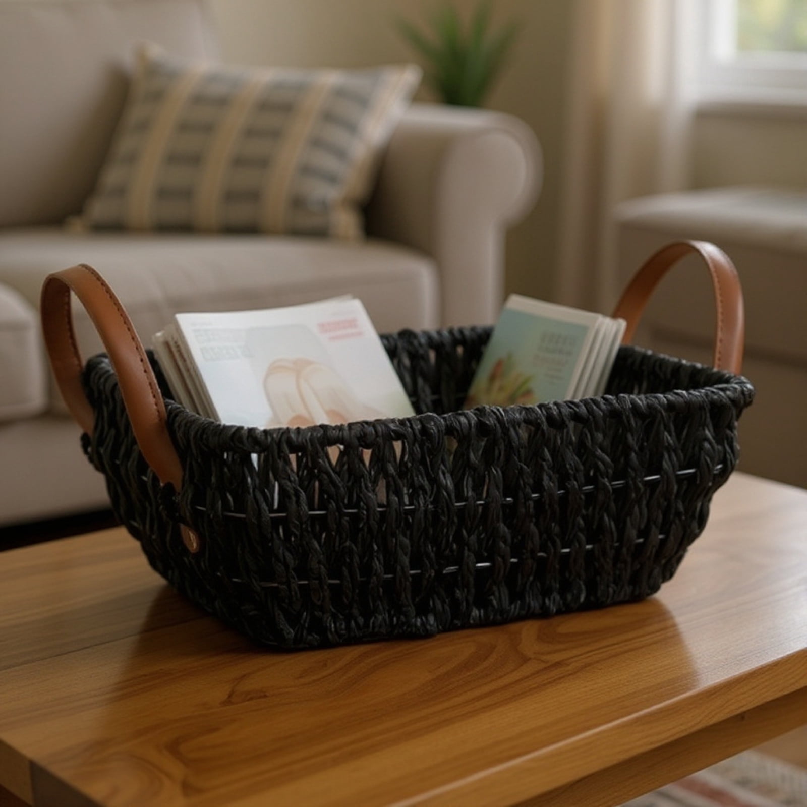 Wicker Storage Basket, Black Paper Rope Woven Bin with Leather Handles, 12.6 x 7.9 x 3.9 in, Decorative Organizer Baskets with Handles for Shelf, Table, Coffee Table