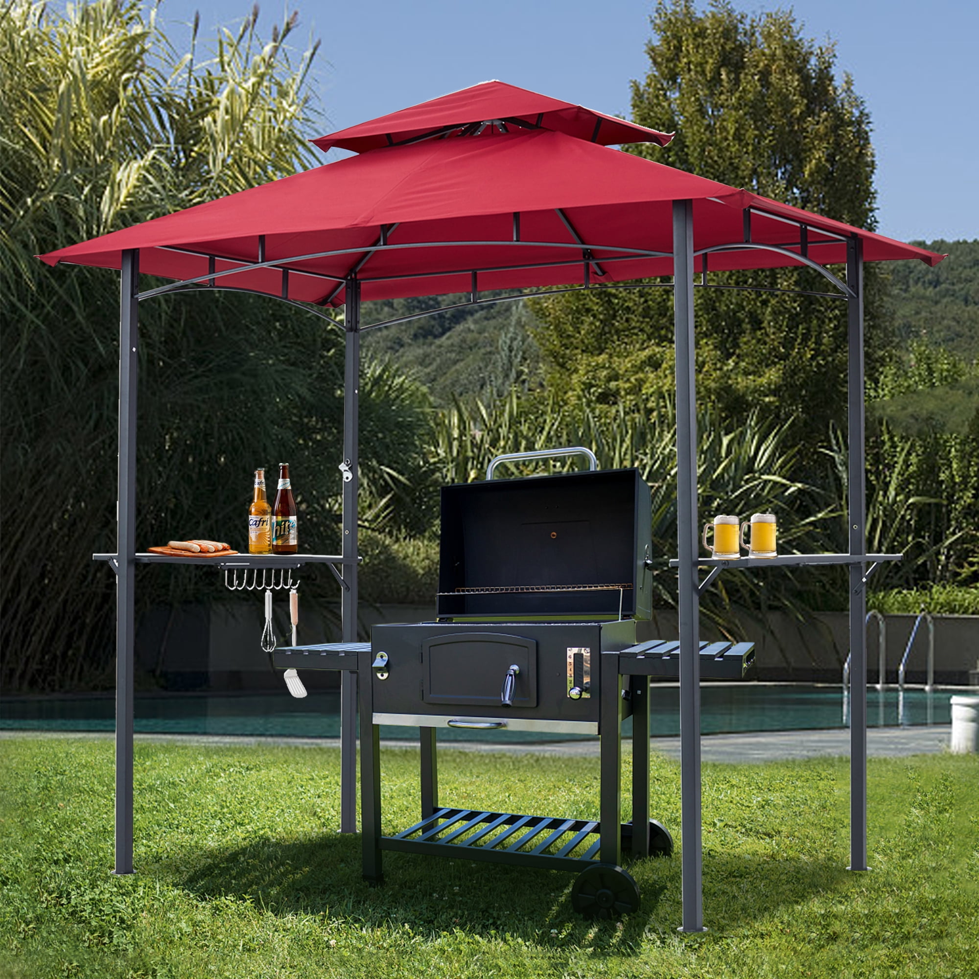 ABCCANOPY 8'x 5' Grill Gazebo Shelter, Double Tier Outdoor BBQ Gazebo Canopy with LED Light(Burgundy)