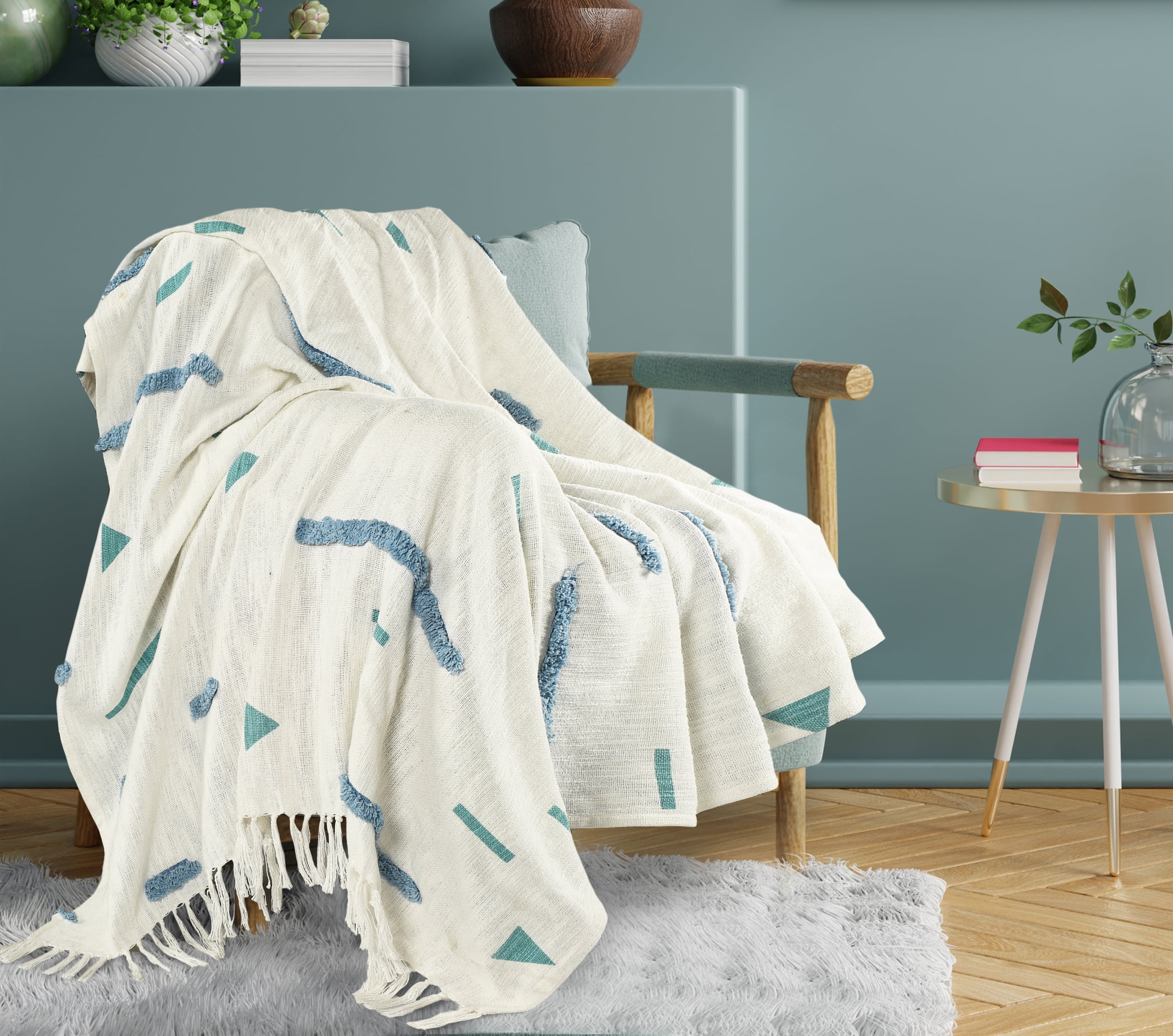 LR Home Cream/Blue Embroidered Geometric Adult Cotton Throw Blanket, 50" x 60"