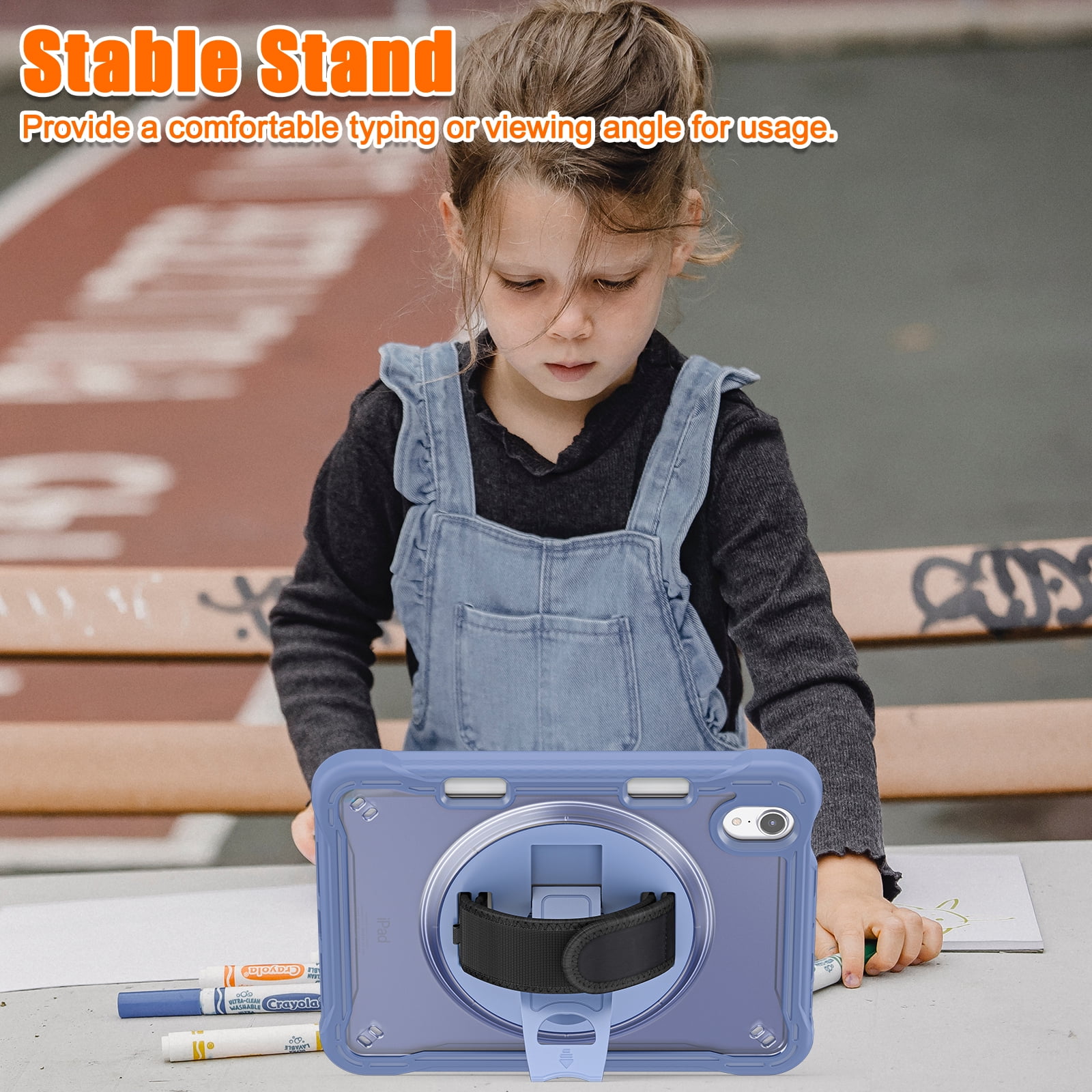 Shockproof Case for Apple iPad mini 6/7, iPad mini 6th 7th Gen Cover, 360 Rotating Stand Translucent Back Cover Shockproof Adjustable Shoulder Strap Kids Friendly with Pencil Holder, Grey