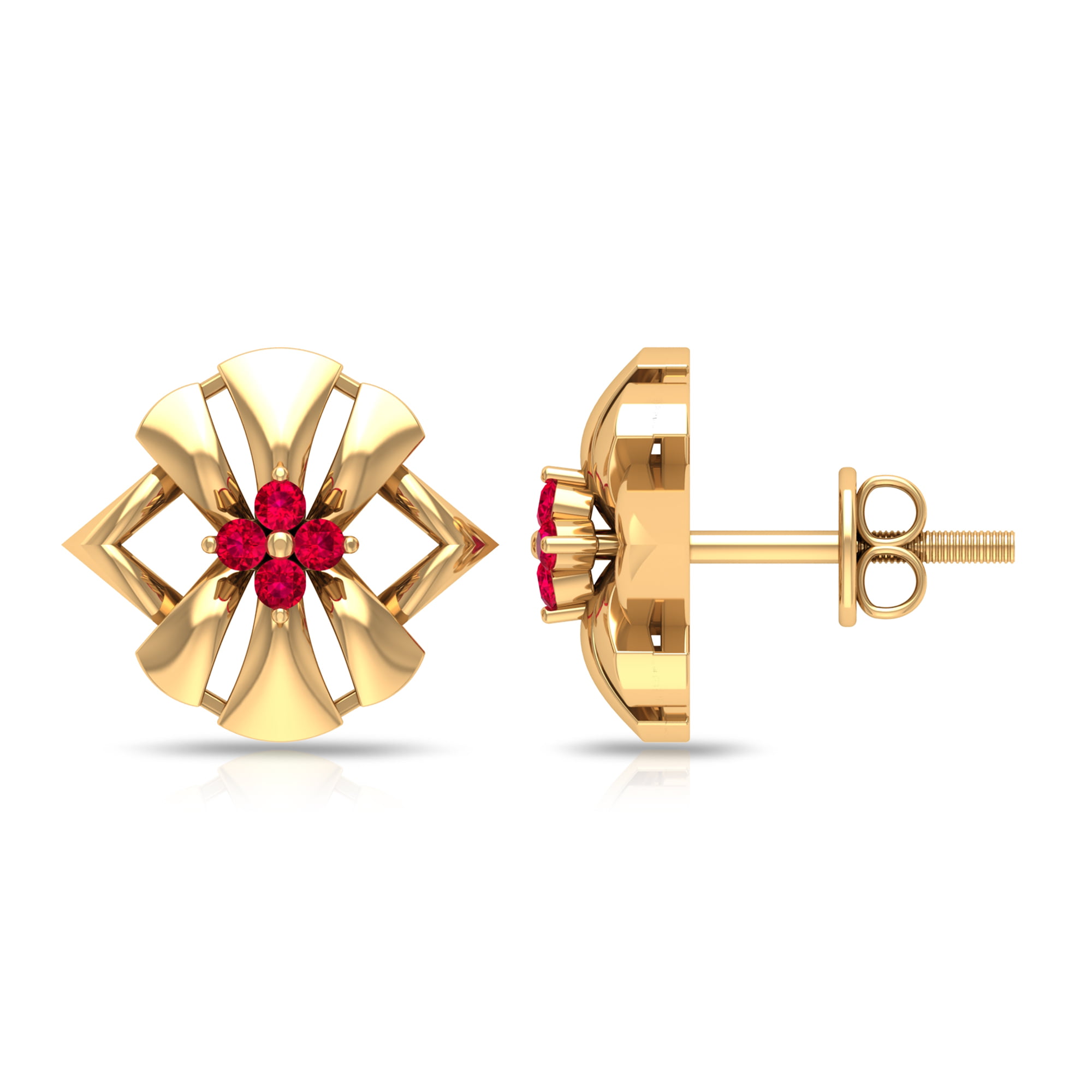 1Ct Round Cut Ruby & Diamond Cluster Flower Stud Earrings 14k Yellow Gold Finish