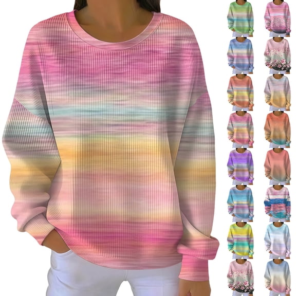 VJGBEGW Women Gradient Ribbed Long Sleeve Sweatshirt Crew Neck Loose Fit Pullover Tops Casual Drop Shoulder Sweatshirts Green L