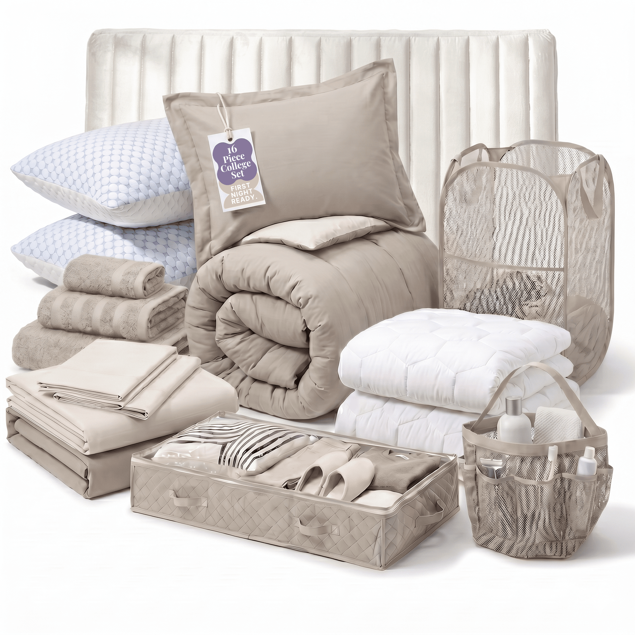 LammaLoe 16 Piece Complete Dorm Room Set, Twin XL Comforter Set, Includes Sheet Set, Mattress Protector, Pillows, Headboard, Towels & Organizers - All Dorm Accessories Included, Linen