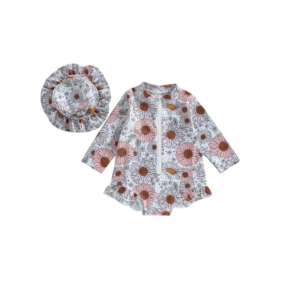 Wassery Kids Girls Romper Swimsuit Flower Print Zipper Long Sleeve Round Neck Swimwear Ruffle One Piece Rash Guard Bathing Suit Summer Toddle Beachwear 6M-5T
