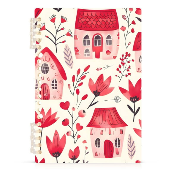 Pink Houses Flowers Ring Binder Notebook Journey Note Diary College Ruled Spiral Notebook Study Loose Leaf Paper A5 60 Pages