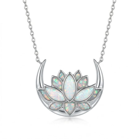 YAFEINI White Opal Lotus Necklace Silver Moon Lotus Pendant Necklace Opal Flower Jewelry Gifts for Women Mother's Day Birthday