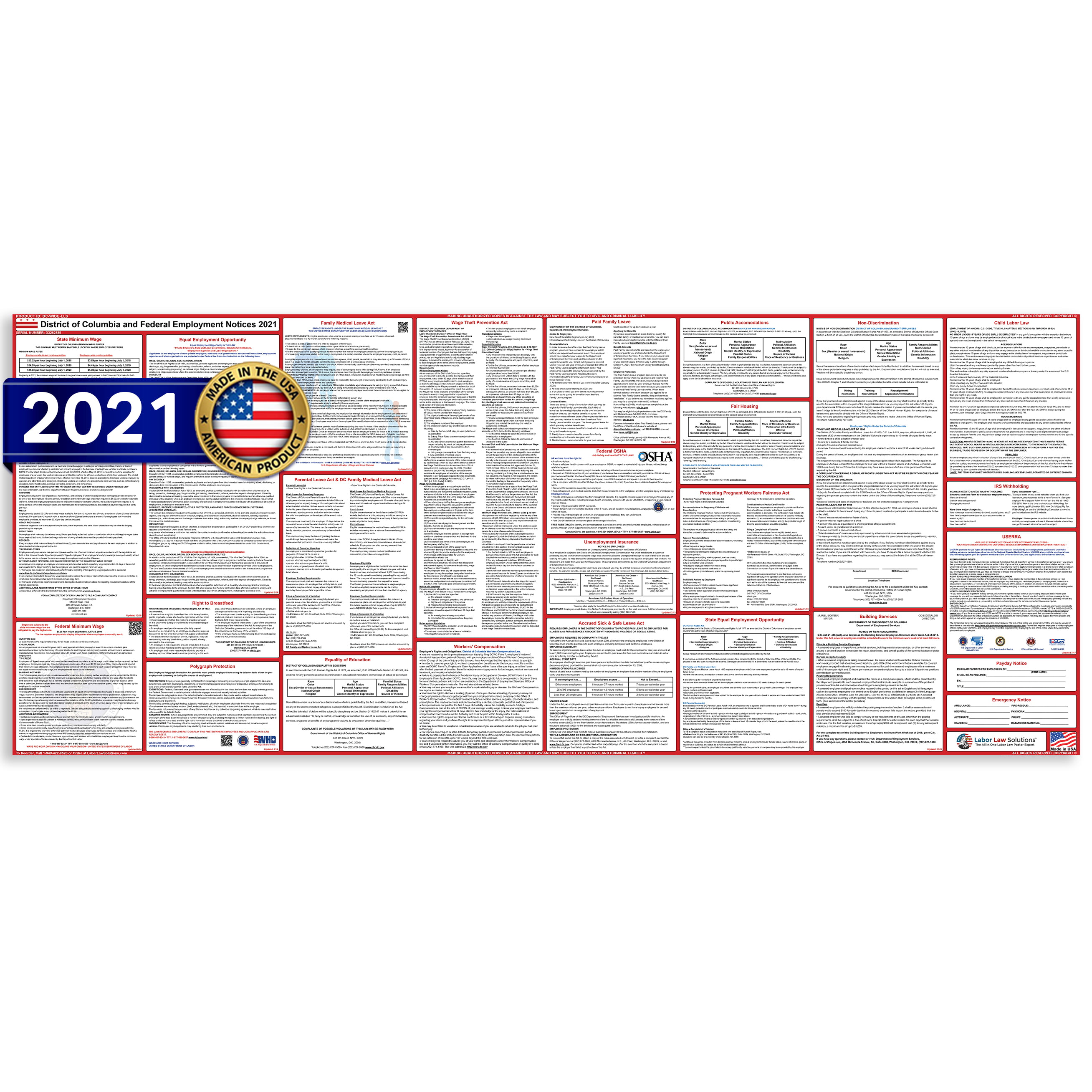 2021 District of Columbia DC State & Federal Labor Law Poster Ultra-wide PAPER 