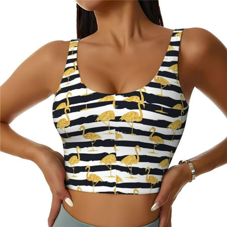 Jgfou Gold Flamingo Print Womens Sports Bra - Padded Workout Sports Bras Crop Tank Top