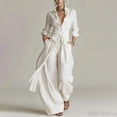thumbnail image 2 of TEAJOPSUU Women's 2 Pcs Outfits Long Sleeve Button Front Collared Belted Shirts Loose Wide Leg Pants with Pockets Flowy Solid Mathcing Sets Women Clothing White, 2 of 8