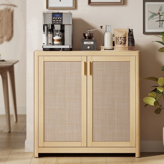 VASAGLE ELLAN Collection - Boho Buffet Cabinet with Rattan-Look Doors, Sideboard Storage Cabinet, Rounded Corners, Adjustable Shelf, for Kitchen Dining Room, Oak Beige