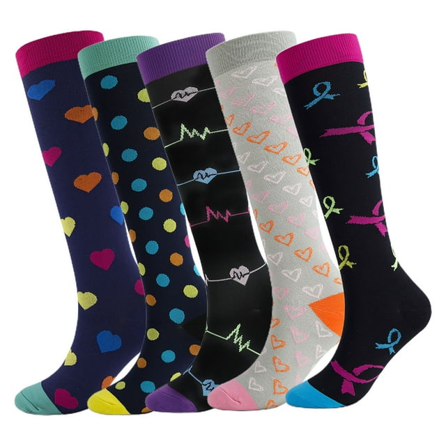 KAWELL Calcetines de compresión para mujeres y hombres, calcetines hasta la rodilla con soporte de 15-20 mmHg para correr, enfermería, atletismo,5 Pairs-Multicoloured a,Small-Medium