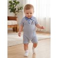 thumbnail image 4 of BemeyourBBs Newborn Baby Boy Fishing Outfit Infant Baby Boy Summer Clothes Waffled Stripe Romper One Piece Stripe Embroidery Buttons Turn Down Collar Short Sleeve Bodysuit Jumpsuit, 4 of 9
