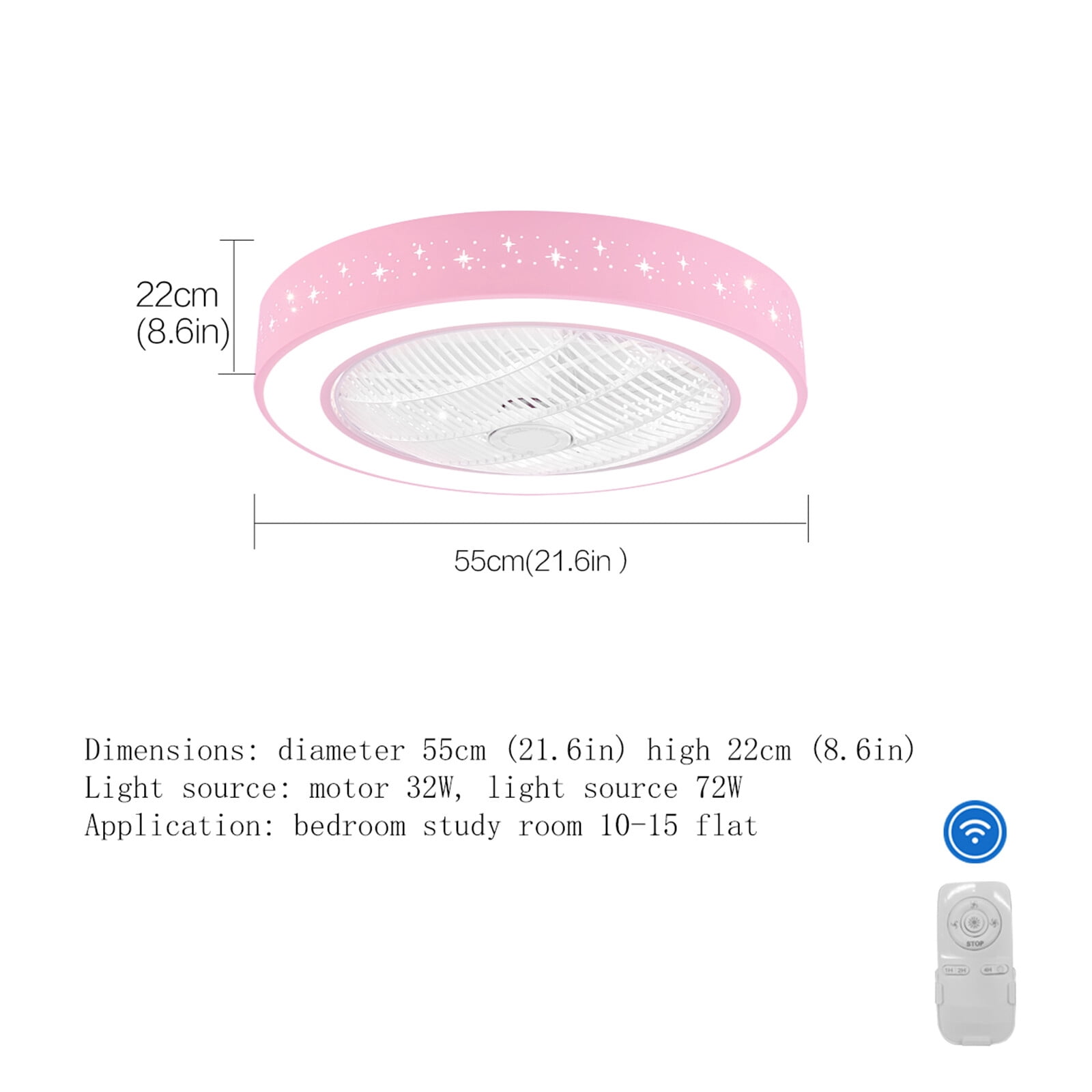 TFCFL Pink Ceiling Fan with LED Light Modern Fan Lamp For Kids Girls Room Bed Room with Remote
