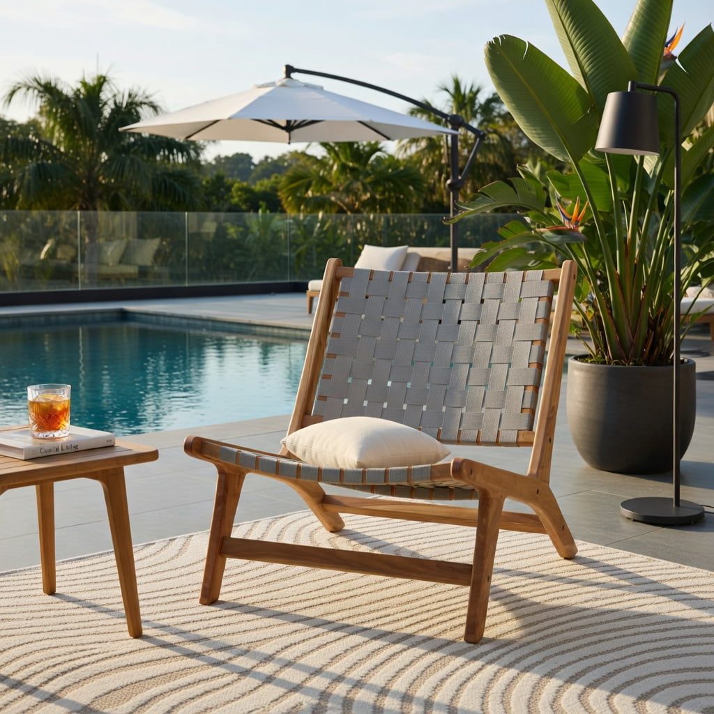Hommoo Mid-Century Modern Teak Wood Outdoor Accent Chair with Breathable Nylon Webbing Seat, Wood & Gray Design, Indoor/Outdoor Use, Natural