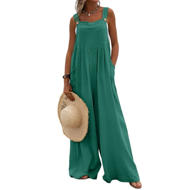 VISgogo Mono de Color Sólido a la Moda para Mujer Mono Casual con Tirantes de Pierna Ancha y Botones con Bolsillos VISgogo moda