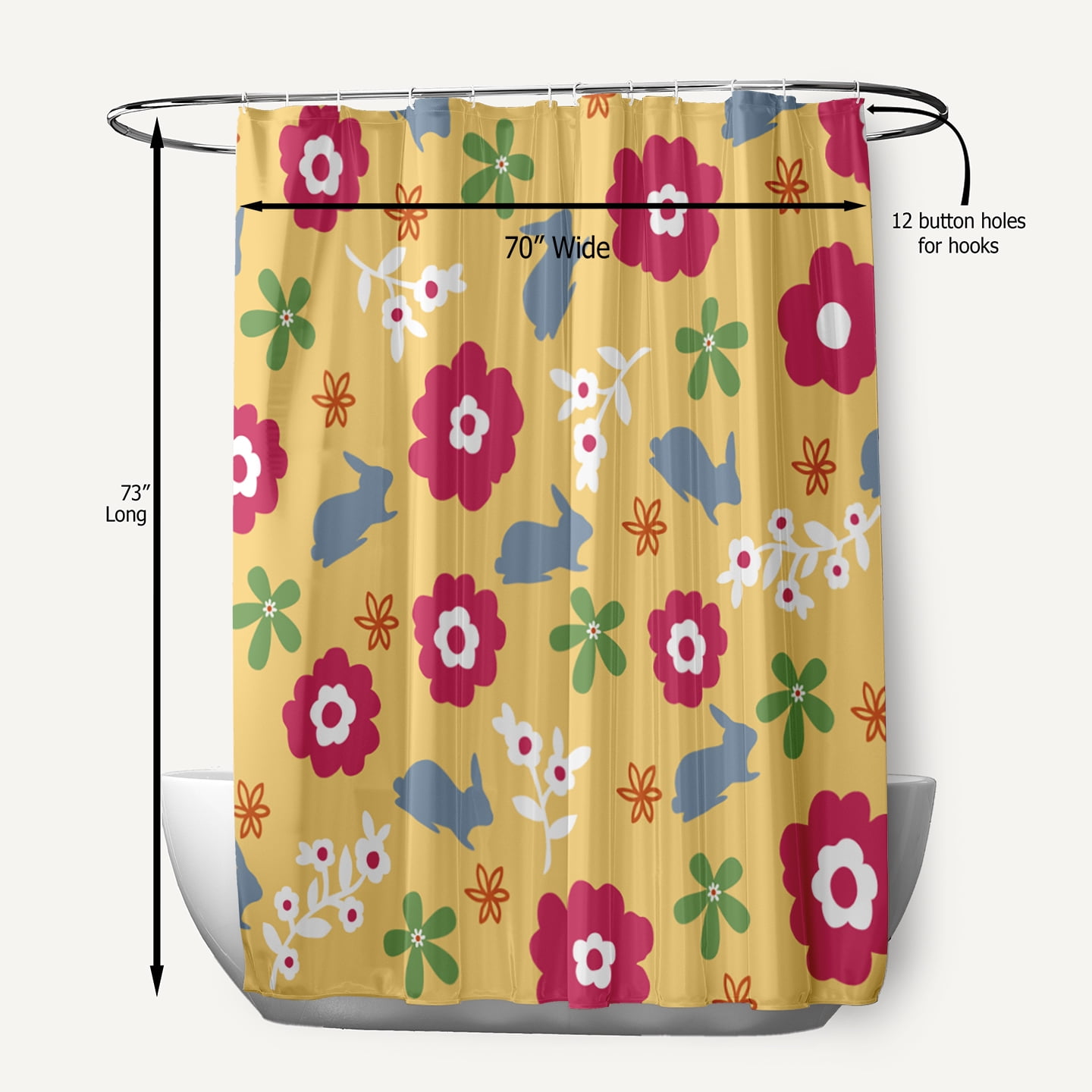 Simply Daisy 70" W x 73" L Flowery Love with Bunnies Polyester Shower Curtain, Daffodil Yellow-Blue [1 Ct]