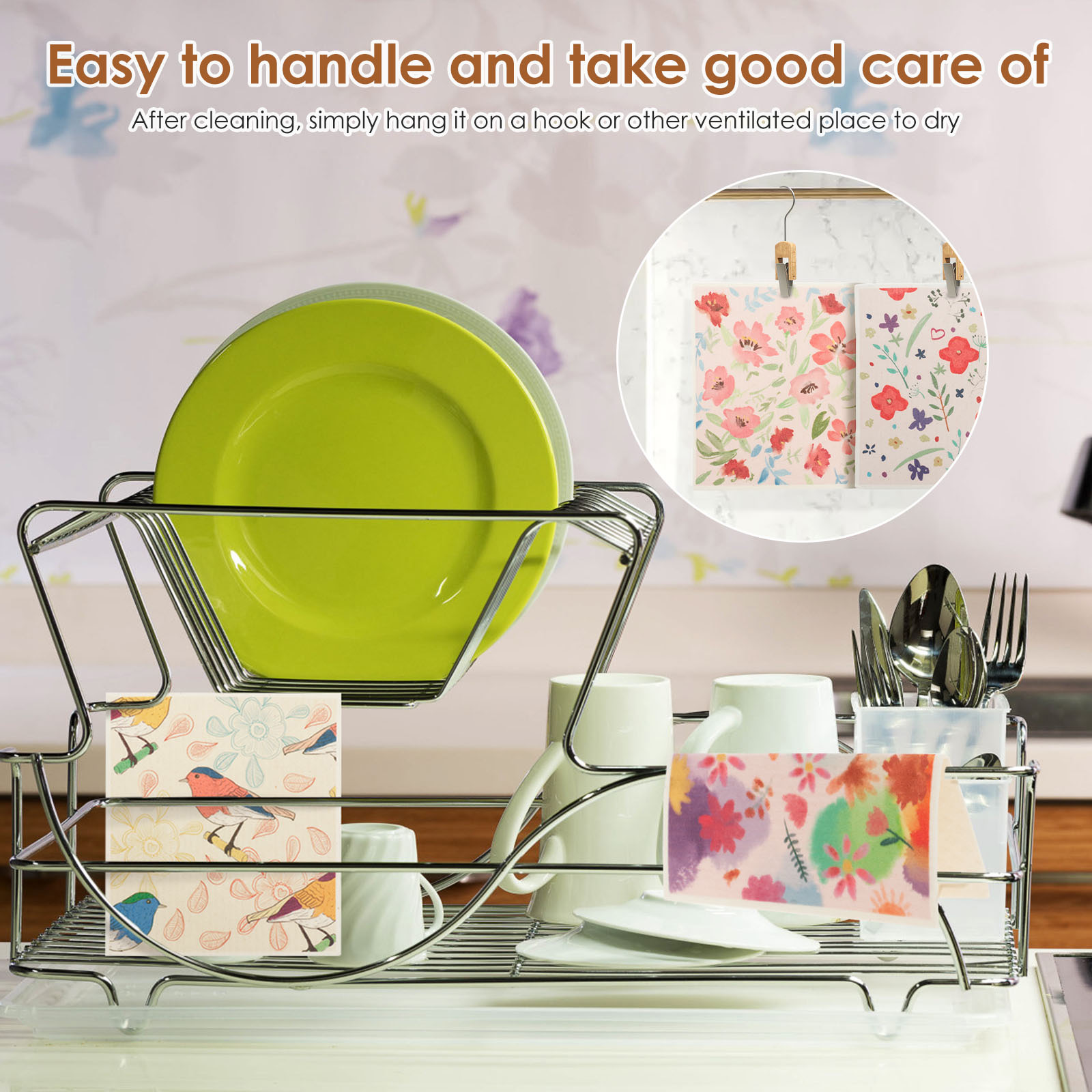Hvxrjkn 22Pcs Swedish Dishcloths Reusable Kitchen Absorbent Dish Towel Flower Bird Pattern Kitchen Cleaning Cloth for Bathroom Countertop