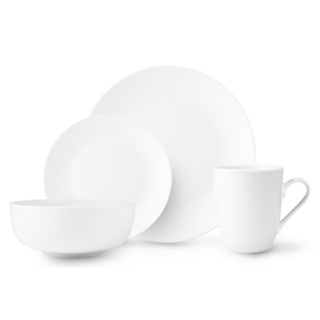 - ROSCHER Dinnerware Dish Set (16-Piece) White, Ceramic Round coupe Dishes | Dinner and Salad Plates, Appetizer Bowls, Drink Mugs | Classic Kitchen Style | Dishwasher Safe
