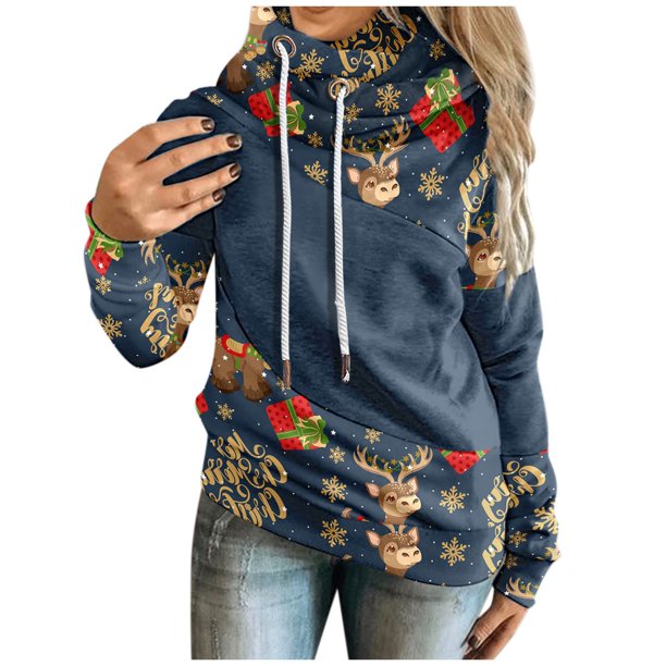 Gibobby Sudadera con Capucha en Ligero y calientito Contraste de Navidad Esplice imprimir mangas largas Pullover blusas correa tops (Azul, S)