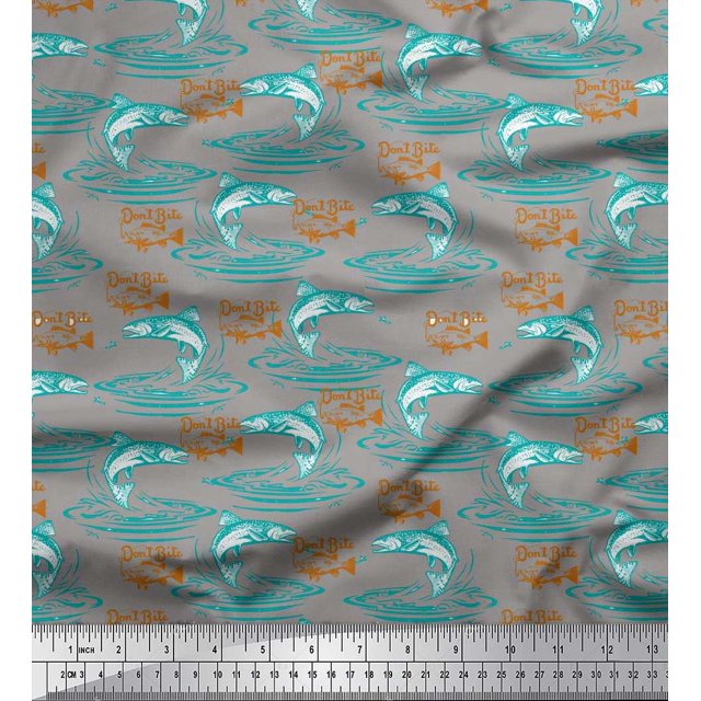 Soimoi Green polyester Crepe Fabric Text & Fish Ocean Print Sewing Fabric Yard 42 Inch Wide