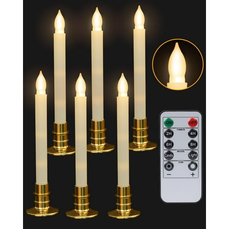 Flameless Taper Candles with Remote Timer, 6 PCS Flickering Battery Operated LED Flamless Candlesticks With Base, 3D Dripless Candle for Fireplace Window Christmas Halloween